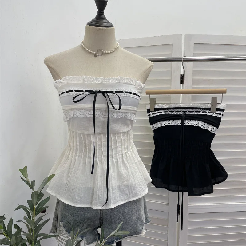 Y2K Women Sleeveless Shirt Off Shoulder Strapless Tube Tee Built In Bra Pads Lace Fringe Patchwork Ruched Slim Fit Tops 9325