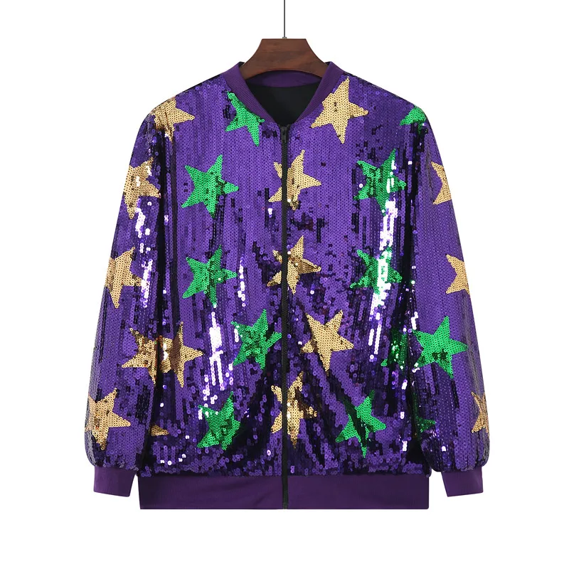 

New Spring Female Star Print Long Sleeved Street Wear Jacket Sequined Loose Women Jacket Round Neck Straight Tube