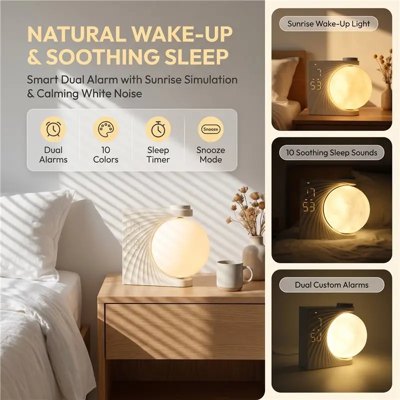 BHBD-Sunrise Alarm Clock For Bedrooms, Moon Night Light Clock Wake Up Light For Kids Teens,White Noise Sound Machine