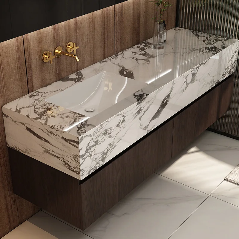 The rock slab is seamlessly connected to the ceramic integrated basin, bathroom cabinet, toilet, sink, washbasin, and bathroom