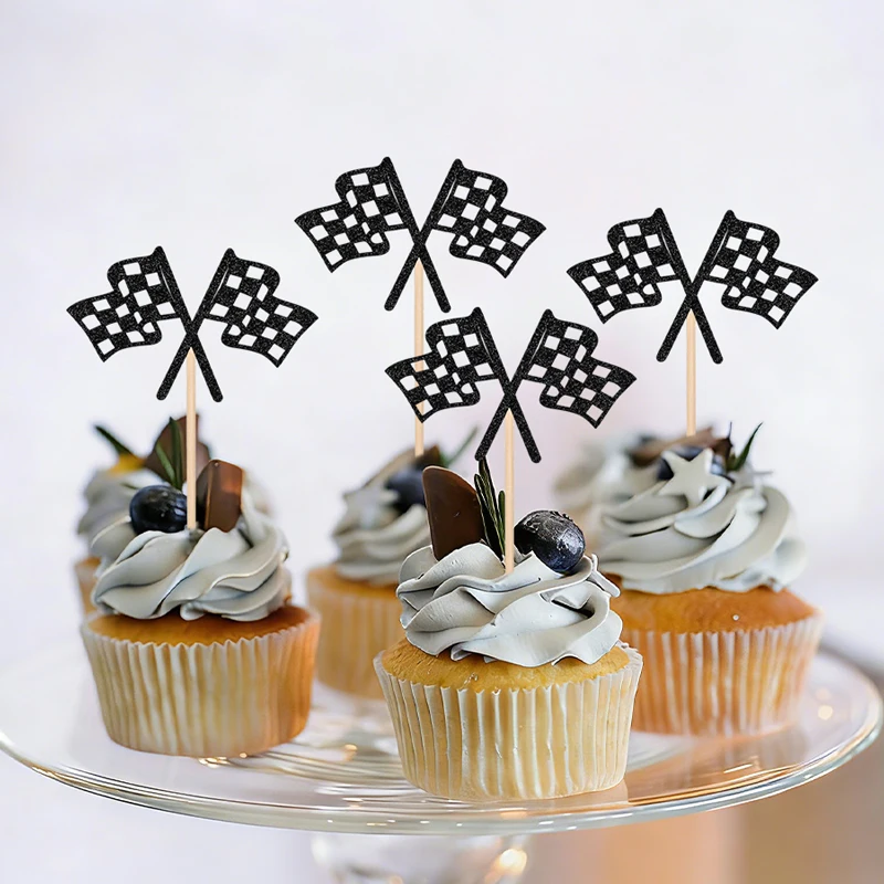 NUBECOM 24 Stück Karierte Rennflaggen-Cupcake-Topper Glitzer-Cupcake-Stecker Rennwagenflaggen Kuchen-Dekorationen für Geburtstage – Detail 8