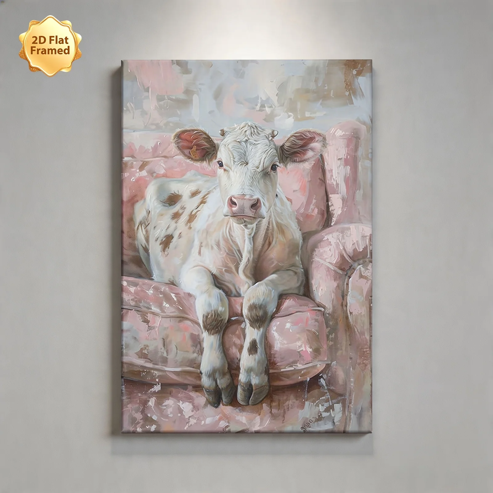 (No frame)2D Flat, 1pc, Framed 2D Flat Canvas Painting, Cute Calf on Pink Sofa Art Print, Ideal for Decorating Living Room, B