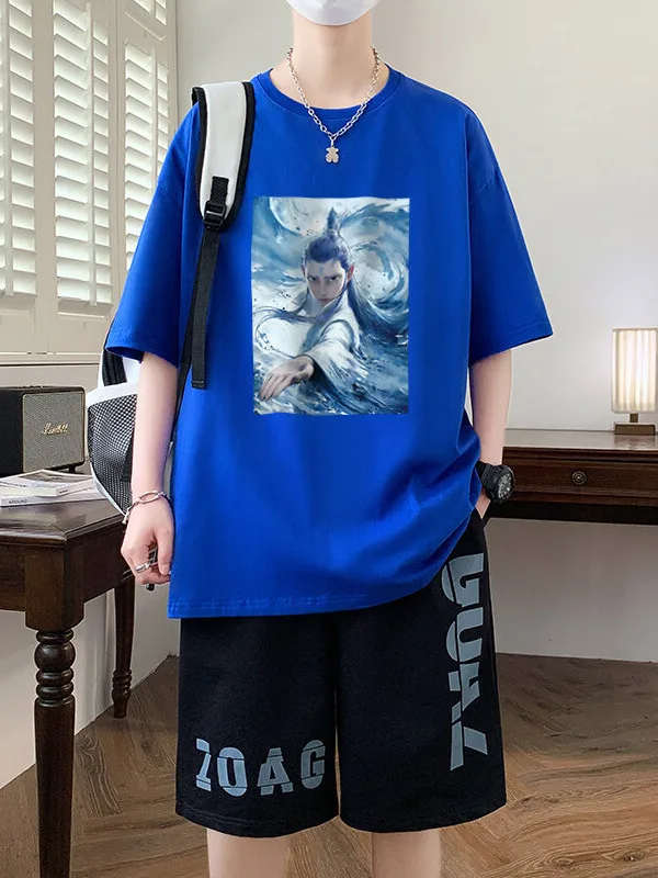 

Комплект из чистого хлопка для подростков: летний тонкий топ с принтом и брюки 3/4 свободного кроя, дизайн Yang Jiang, повседневный стиль.