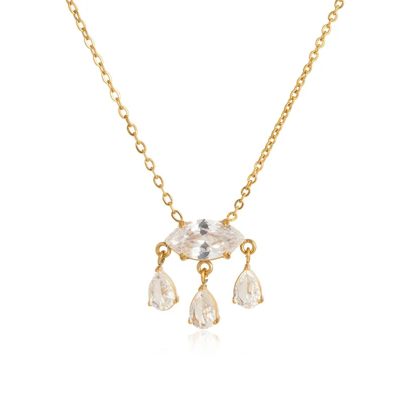 

Minar Textured Water Drop Shaped CZ Cubic Zirconia Tassel Pendant Necklaces for Women 18K Gold PVD Plated Stainless Steel Choker