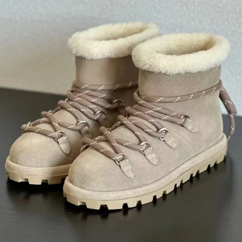 2025 Winter New Leather Snow Boots Bread Shoes Lamb Wool Warm Cotton Boots Flat Female Ankle Boots Thicken Plush Waterproof New