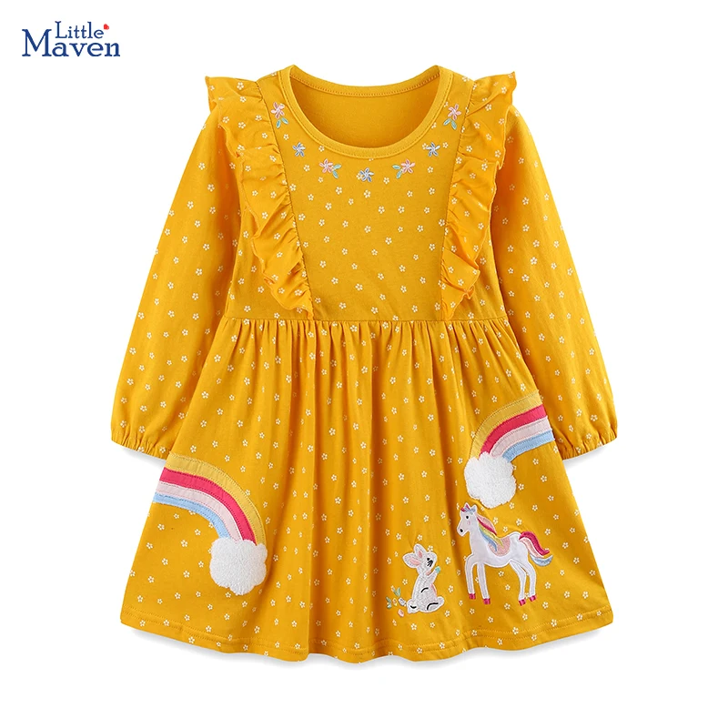Little maven Frühling Herbst Neues Partykleid Kinderkleidung Baby Mädchen Langarm Cartoon Regenbogen Einhorn Kleid Kinderbekleidung