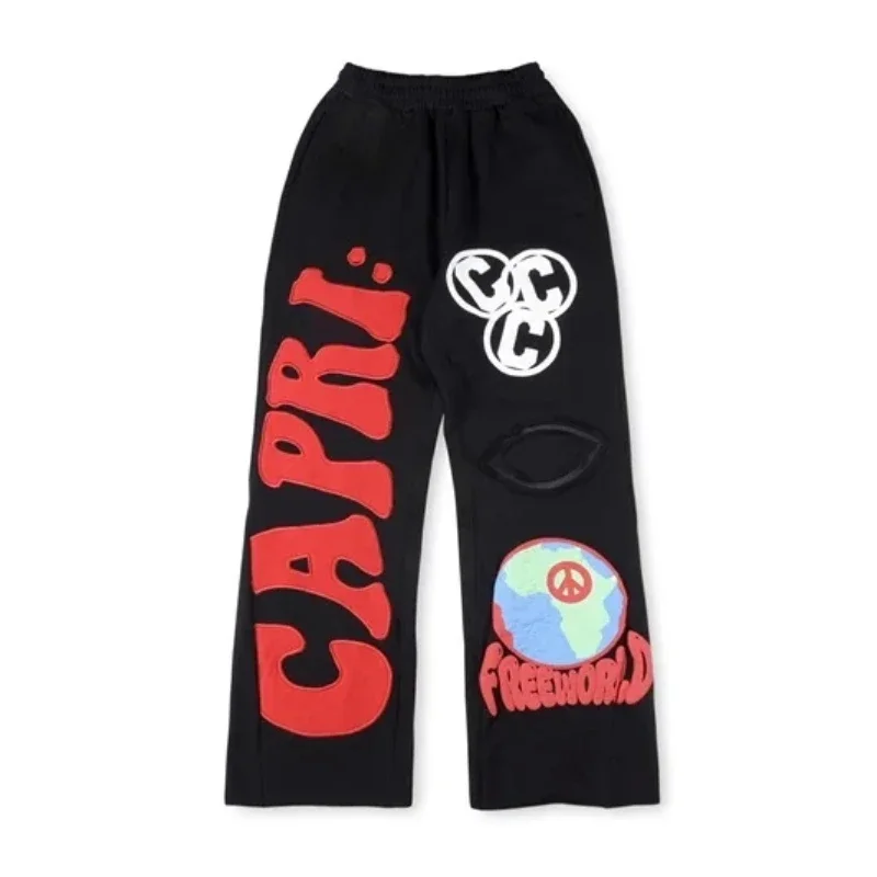 

24ss Foam Printing Hell Star Men Pants Women 1:1 Best Quality Embroidered Logo Black Oversized Drawstring Jogging Pants