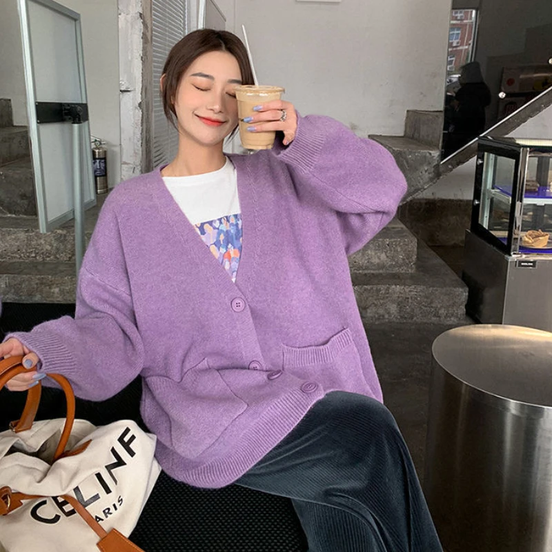 レディースセーターコート秋韓国風ルーズ無地ニットカーディガンボタン付きVネックオーバーサイズセーター女性用