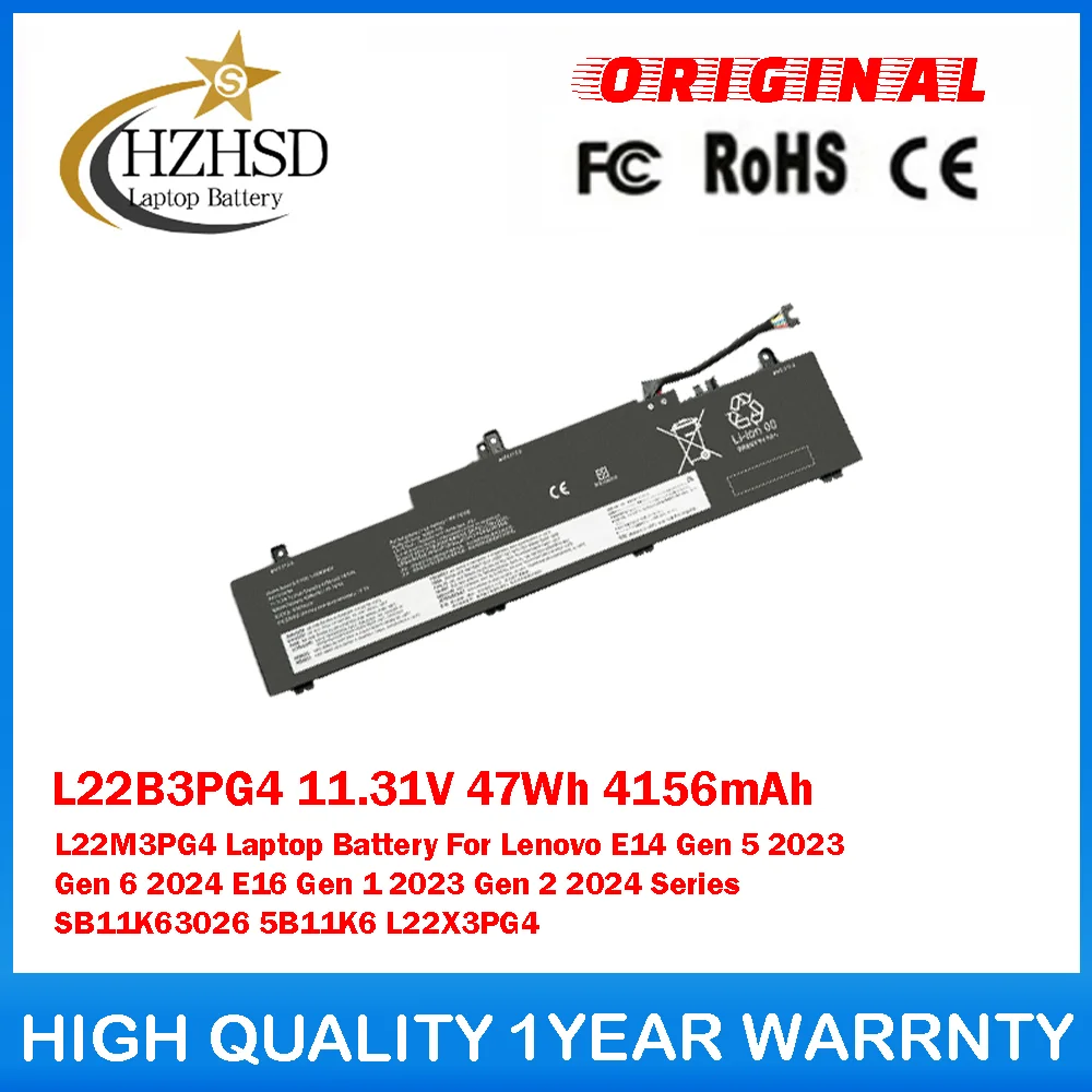 

L22B3PG4 11.31V 47Wh 4156mAh L22M3PG4 Laptop Battery For Lenovo E14 Gen5 2023 Gen6 2024 E16 Gen1 2023 Gen2 2024Series SB11K63026