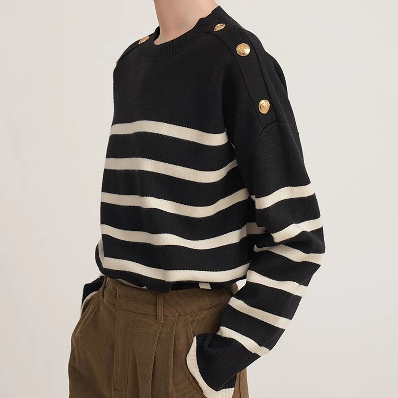 High quality women's sweater striped sweater women's autumn and winter new button casual top loose knit sweater