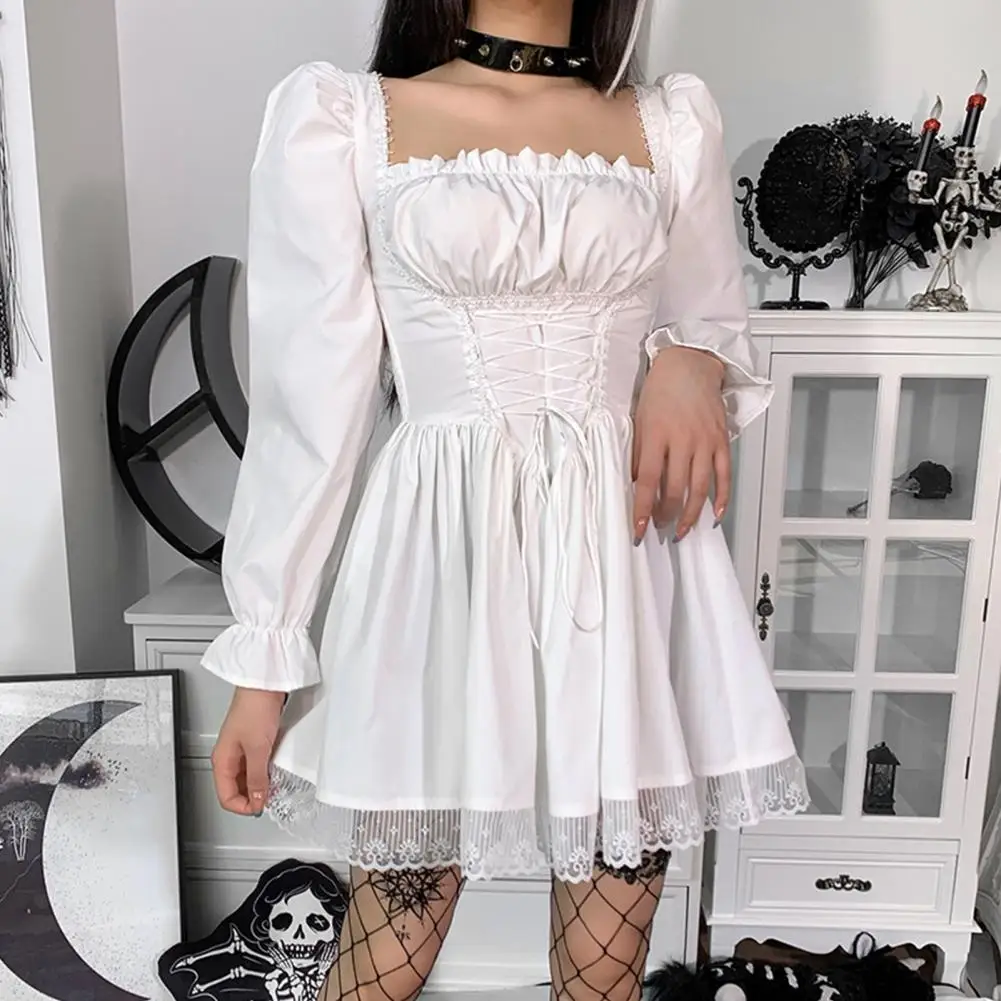 Sweet Lolita Style Dress Lolita Style Princess Dress with Pleated Shirring Square Neck A-line Puff Sleeves Lace Detail for Women