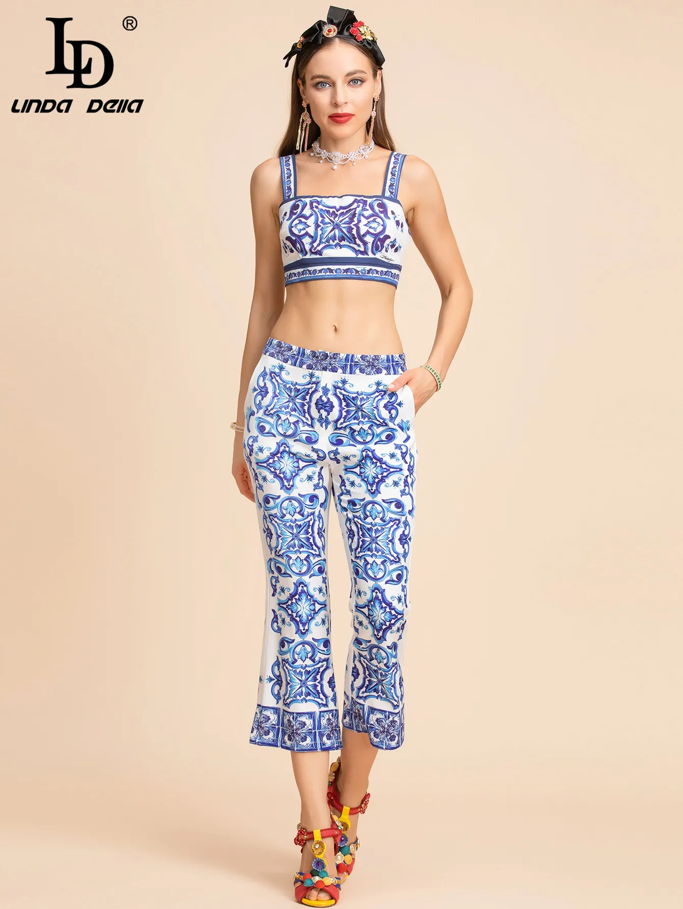 LD LINDA DELLA Fashion Runway Summer Pants Suit Women Short Spaghetti strap Top＋Blue and White Porcelain Pants 2 Two Pieces Set