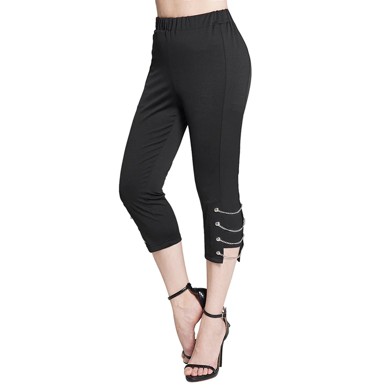 

Dressfo 2024 New Womens Black Pants Chain Lace Up Eyelet Capri Pants Solid Color Elastic Waist Cropped Pants