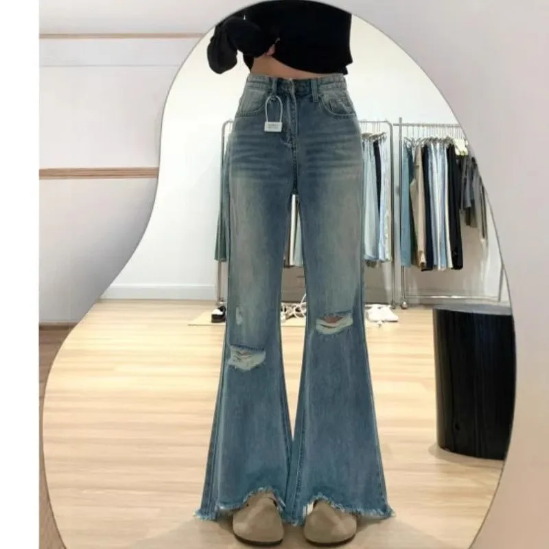 

Loose Flared Jeans Women's Spring Summer New Sle High Waist Cotton Denim Pants Torn Frayed Legs Slimming Wide Leg Trousers
