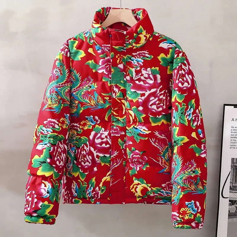 

Big flower Cotton Jacket Female Winter Stand collar Thicken Warm Coat Women's Fashion Loose Short Down Cotton Jackets