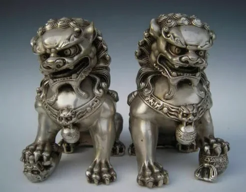 Tibet Silver Lion Fu Foo Dogs Door guard Bronze Statue A Pair H:16cm