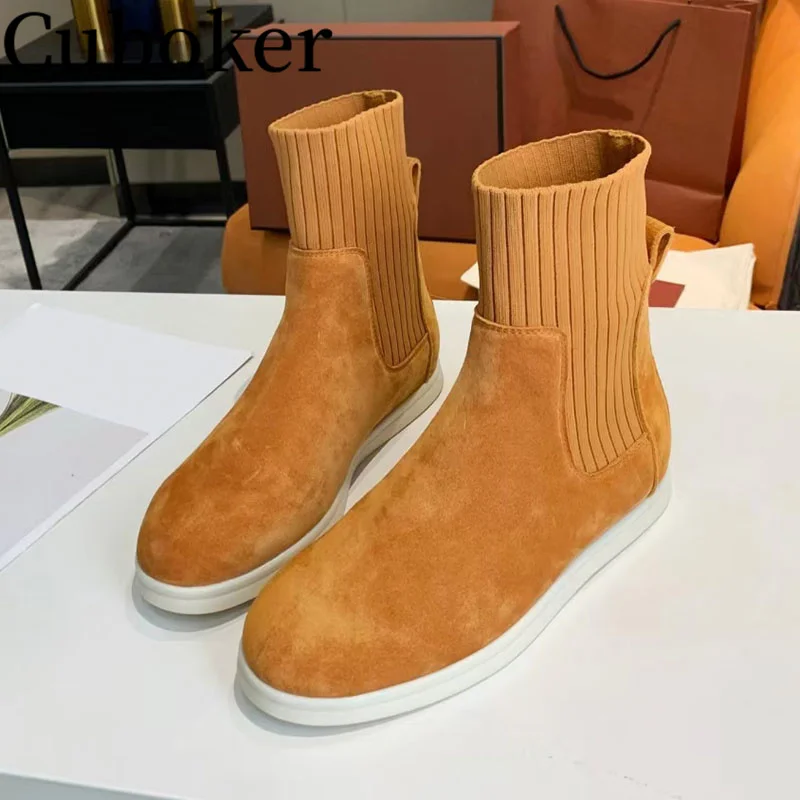 

Runway Brand Designer Kidsude Short Knitting Sock Boots Women Ankle Boots 2023 Autumn Winter Women Flat Chelsea Boots mujer