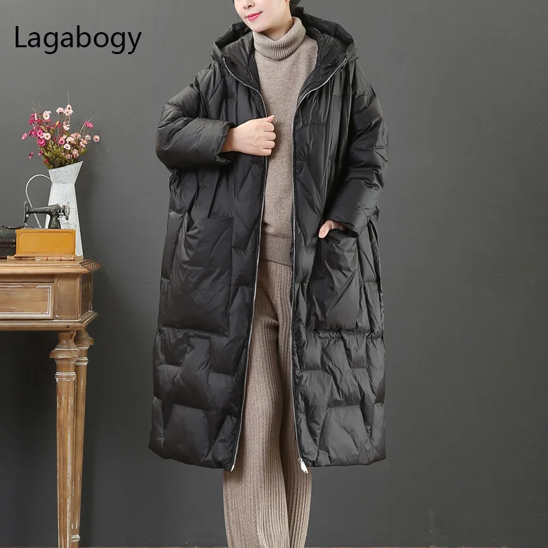 

White Down 2023 Duck Winter Jacket 90% Women Oversized Thick Warm Hooded Long Batwing Parkas Female Loose Pocket Coats