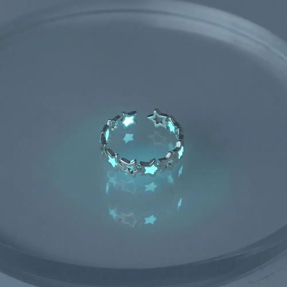 Trendy Glow in Dark Luminous Star Ring Silver Open Glowing Finger Ring Alloy Korean Style Light Adjustable Ring Couples