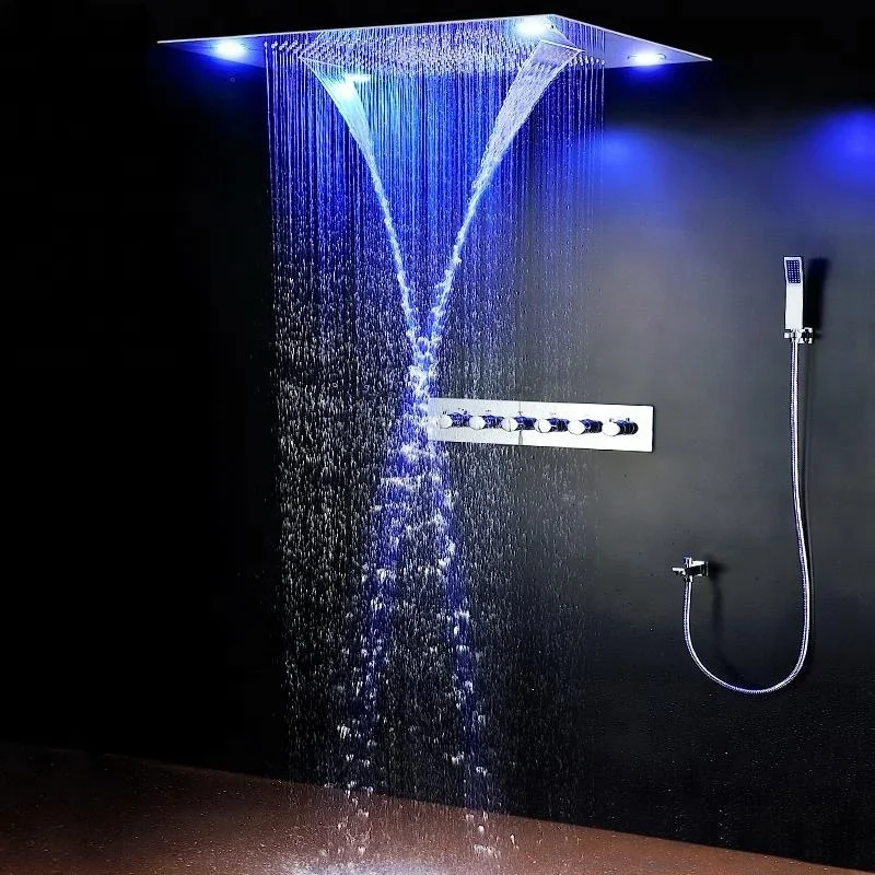 Modern Stainless Steel LED Fixed Shower Head with Jet Spray Pattern Thermostat Rainwater Faucet Design Hotel Ceiling Overhead