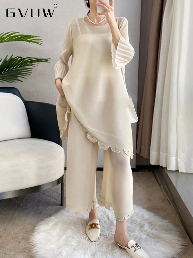 

GVUW Beading Solid Color Pleated 2 Piece Set Women Round Collar Top Wide Leg Loose Pants 2024 New Spring Female Clothing 17J0145