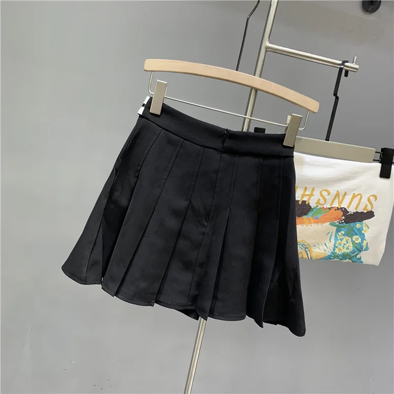 Preppy Style Pleated Short Skirt Women Korean Style Button A Line High Waist Suit Skirt Zipper Back 2024 Summer Student