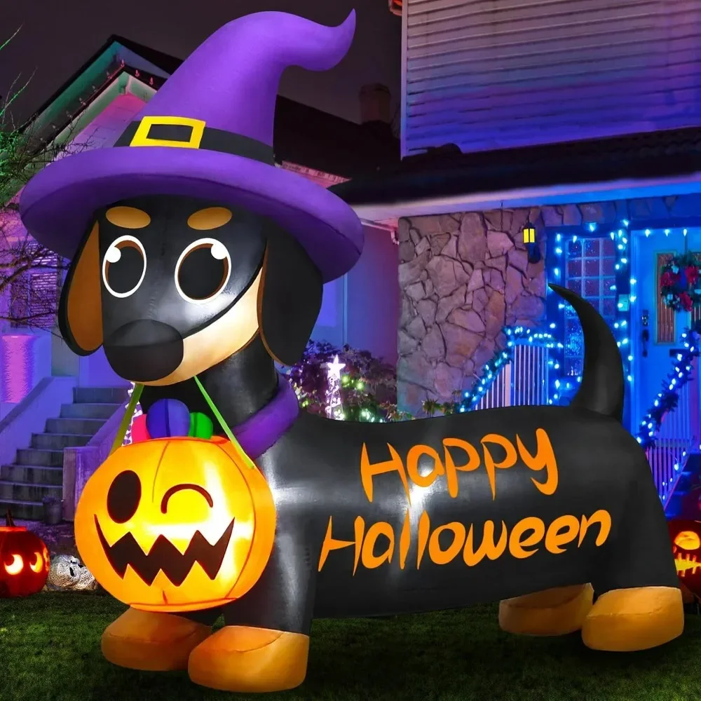 Halloween Inflatables Outdoor Decorations Cute Dog with Pumpkin & Witch Hat Built-in LED Lights Blow Up Yard Decoration Puppy