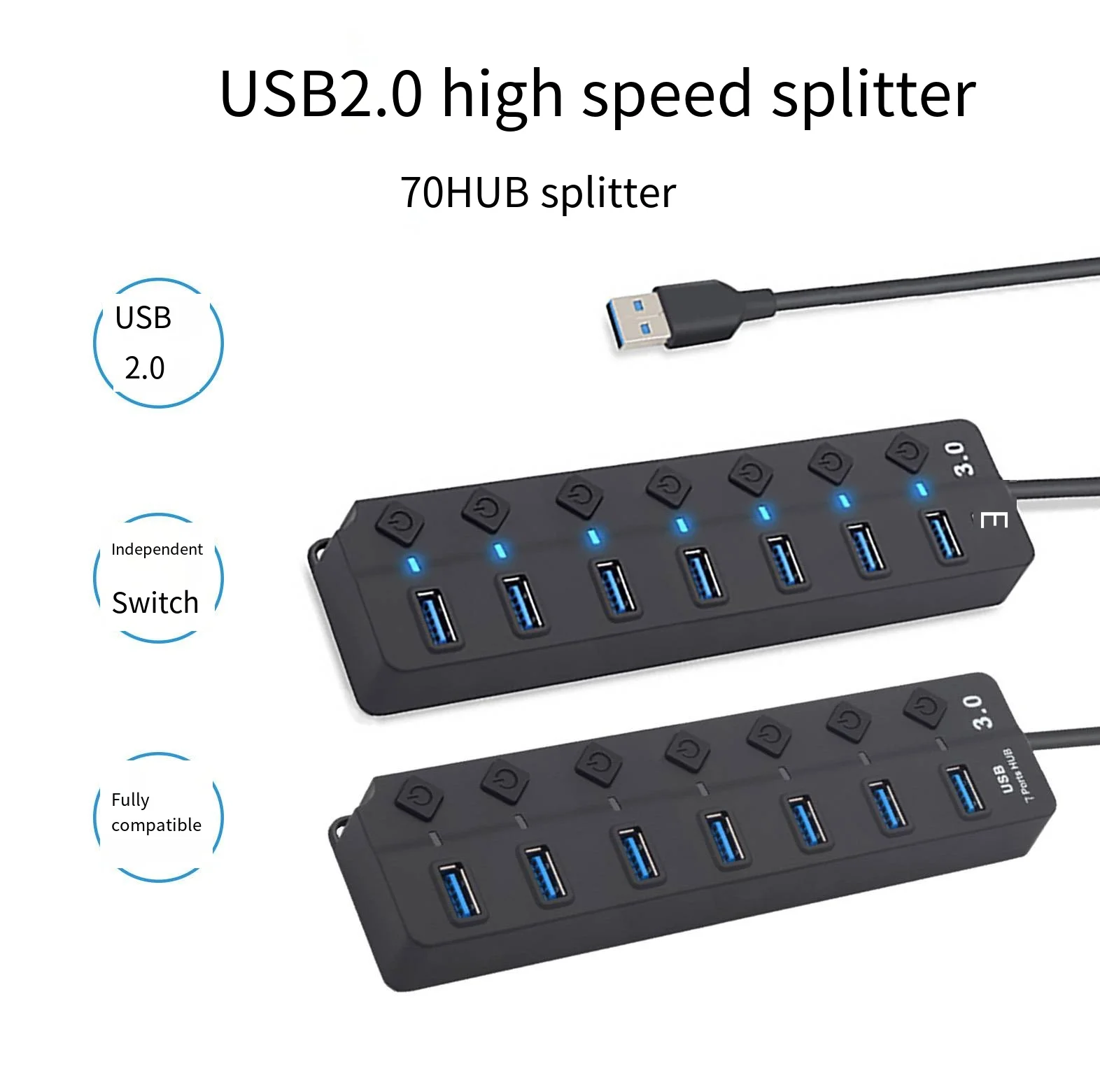 Aplicable múltiples dispositivos USB HUB 7 puertos 2,0 botón HUB extensión divisor USB 2,0 rombo 7 puertos HUB de alta velocidad