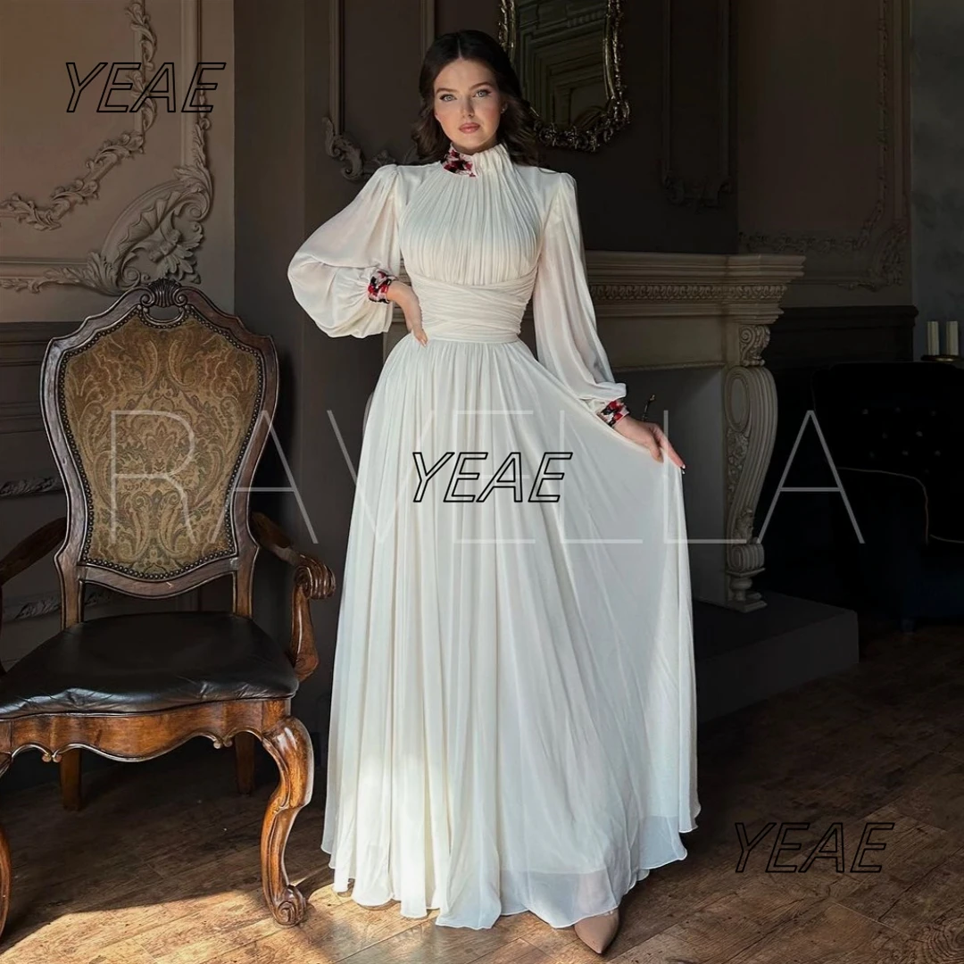 Santorini High Collar Evening Dresses for Women Beaded Long Sleeves Prom Dress A Line Wedding Reception Party Bride Gowns