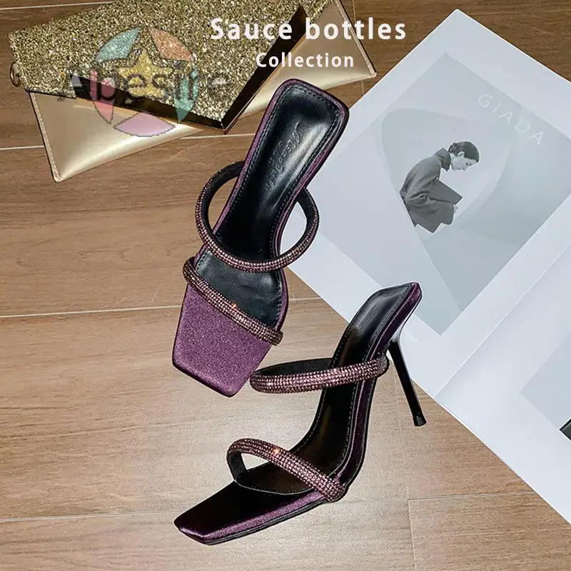 Purple Rhinestone Square Open Toe Slip On Sandals for Women 2024 Summer New Style Outdoor Sexy Stiletto Party High Heels