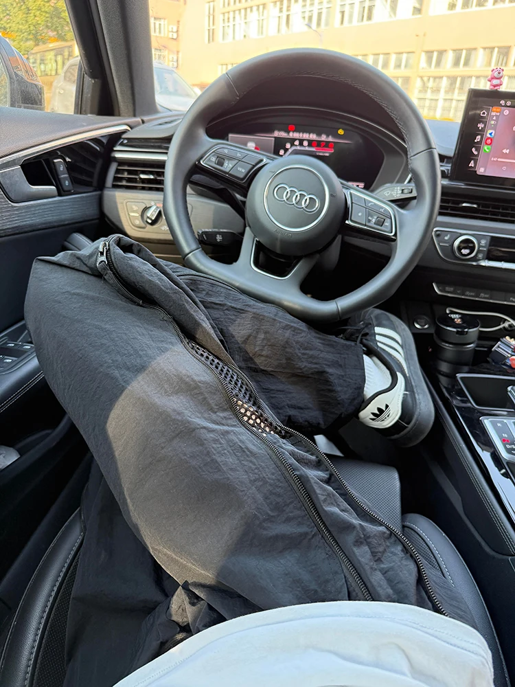 

Black Mesh Workwear Pants Men's Spring Summer Quick Dry Loose Straight Casual Trousers Zipper Side Pocket Decorative Stitch