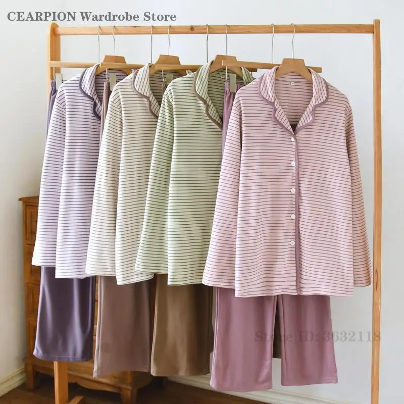 

Пижамный комплект из 2 предметов в японском стиле, женская осенне-зимняя утепленная теплая одежда для сна в полоску с длинными рукавами, свободная домашняя одежда, одежда для дома