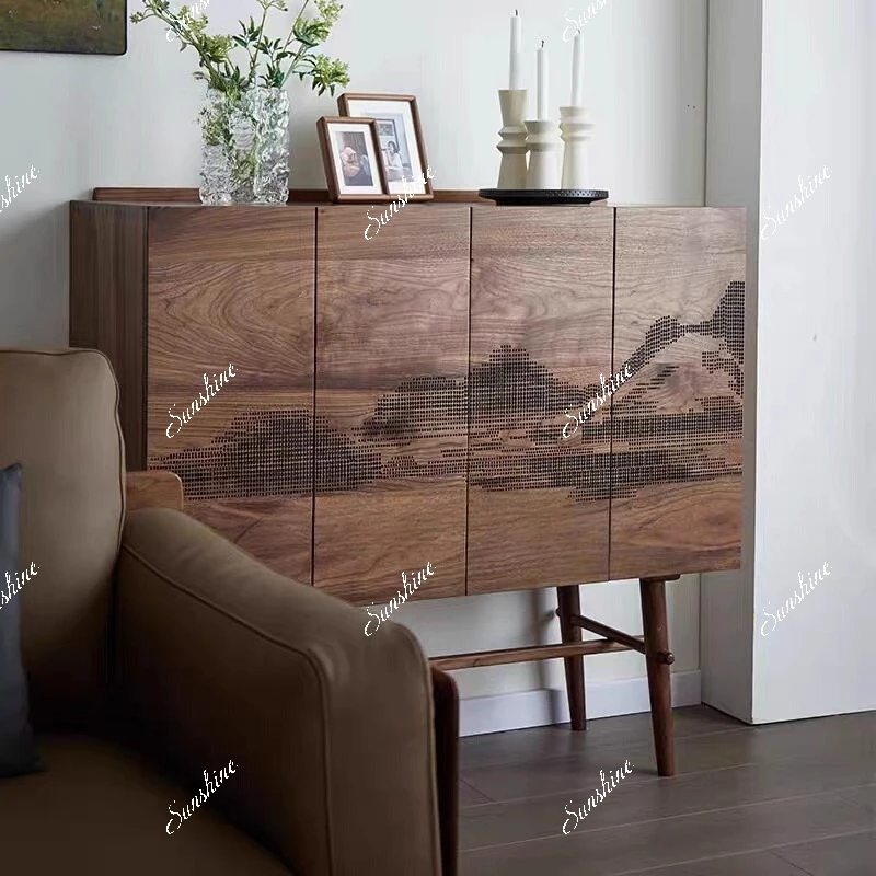 

Nordic black walnut solid wood wine cabinet wabi sabi simple side cabinet