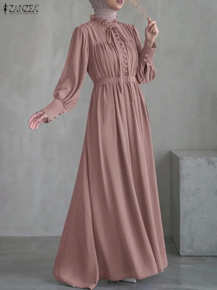 ชุดเดรสยาวมุสลิม ZANZEA สำหรับผู้หญิง สไตล์เรียบร้อย หรูหรา คอระบาย ผูกเอว แขนยาว ไซส์ S-3XL