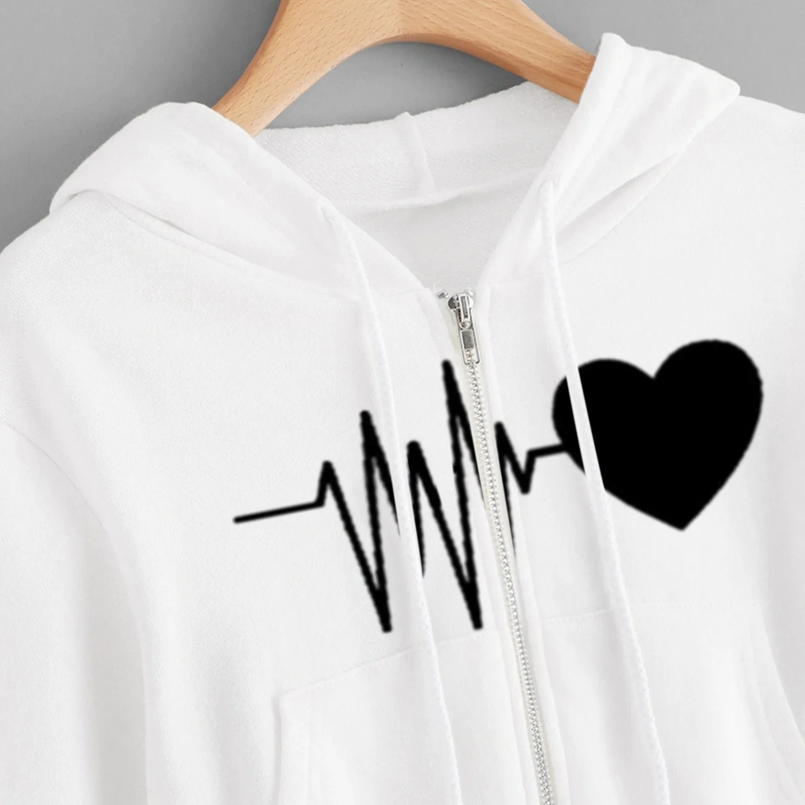 Heartbeat Print Hoodies Drawstring Sweatshirt Spring Fall Long Sleeve Hooded Pullover Tops y2k Zipper Pocket Short Women Clothes