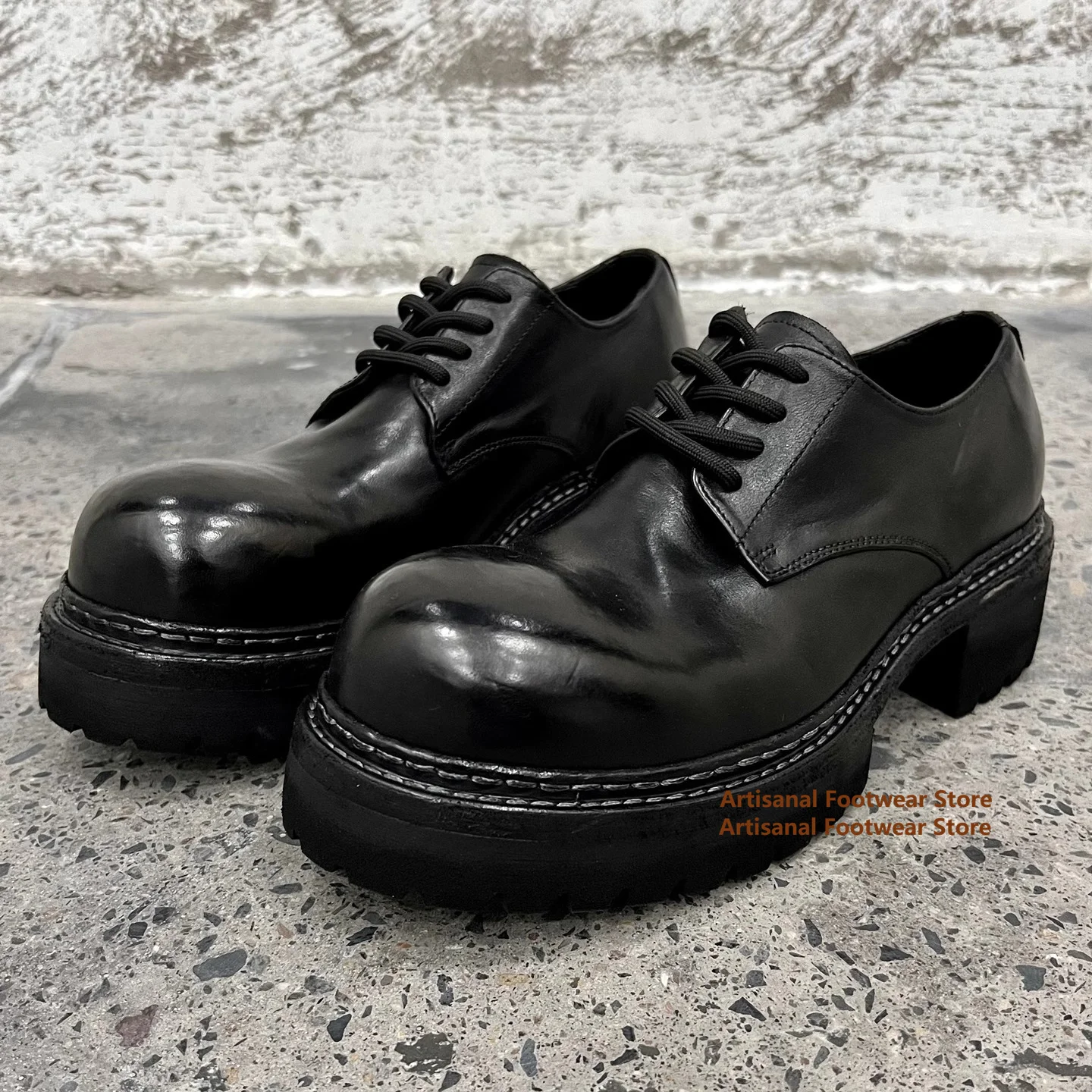 

Thick Soled Derby Shoes Cowhide Round Toe Leather Shoes for Men Height Increasing Single Shoes Trendy Handmade Men's Shoes