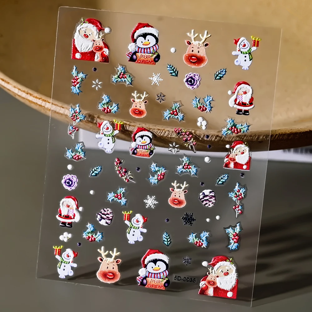 5D *Christmas*Embossed Snowflakes Nail Art Stickers 8*10cm Kawaii Snowman/Santa Claus/Elk Cartoon Decal DIY Adhesive Xmas Slider