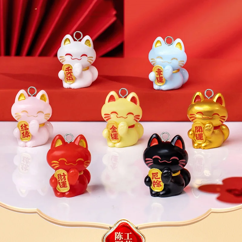 6pcs Kawaii 3D Lucky Cat Resin Charms Small Cats Animal Pendant For Earring Keychain Diy Jewelry Make