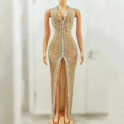 Sexy Stage Black Sparkly Full Chains Silver Rhinestones Transparent Dress Evening Birthday Celebrate Sleeveless Photoshoot Dress