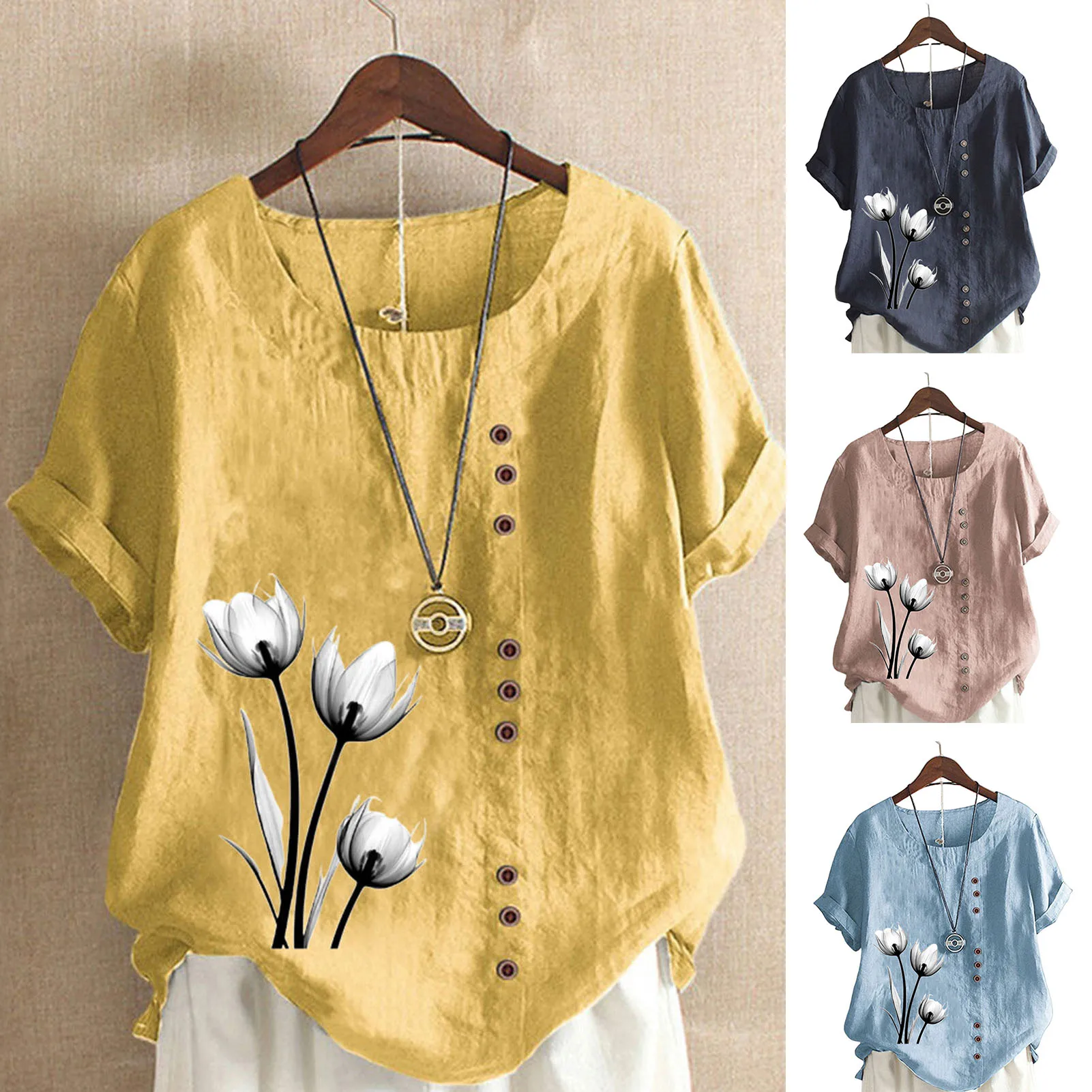 2023 Summer Casual Linen Cotton Blouse Women Elegant Button Short Sleeve Shirt Plus Size Tanic Boho Tops and Blouses Streetwear