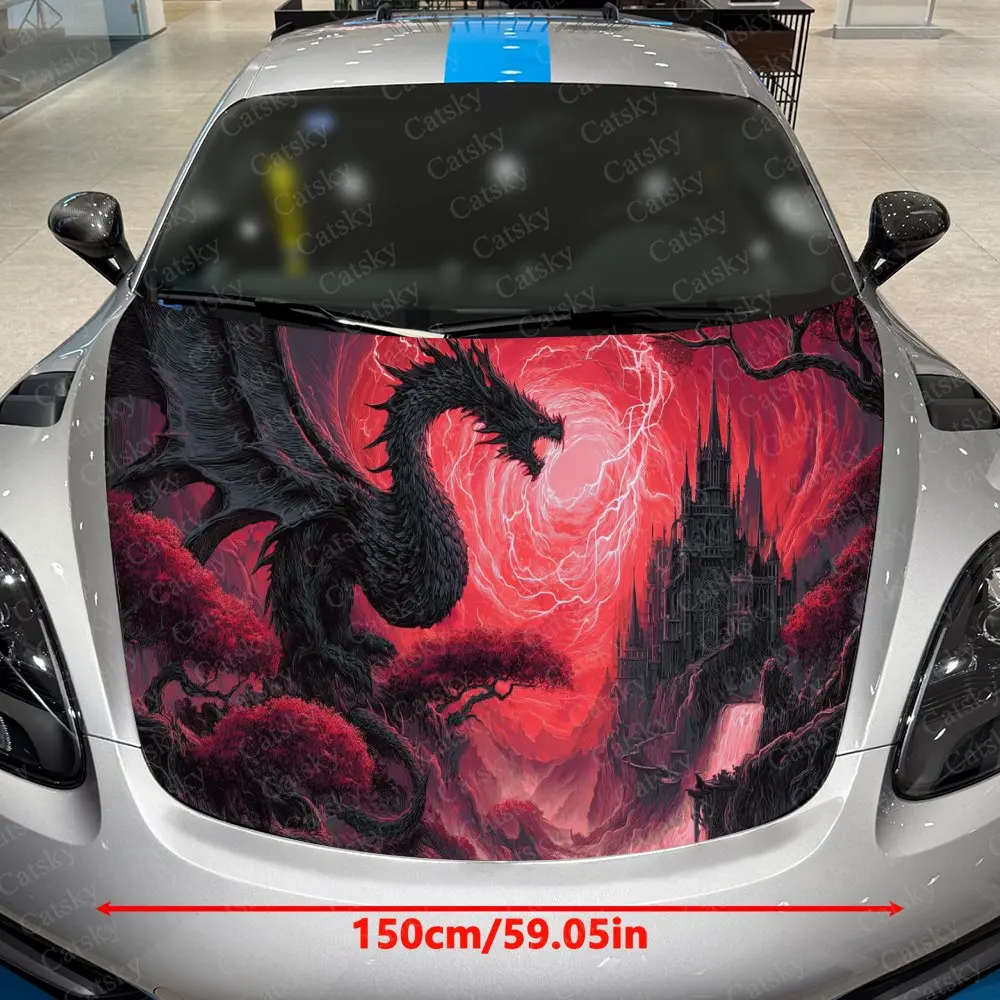 Flame Lightning Black Dragon Castle Car Vinyl Wrap, PVC Waterproof Car Hood Sticker, Self-Adhesive Scratch-Resistant Stickers