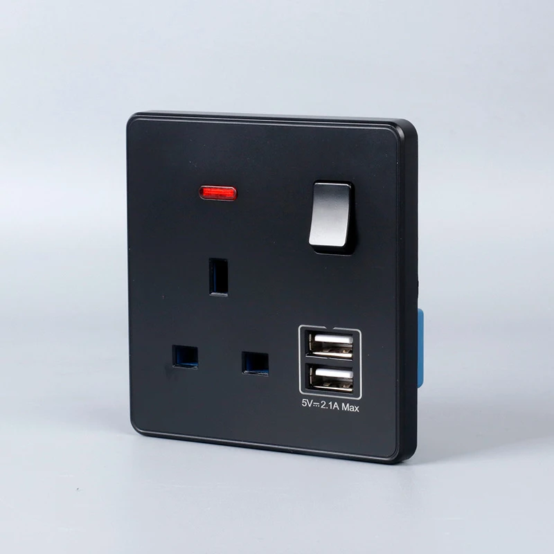 British Standard UK Black Double USB Hong Kong Style 13A Three-Hole USB Socket Panel 146 Type Electric Switch Control Socket