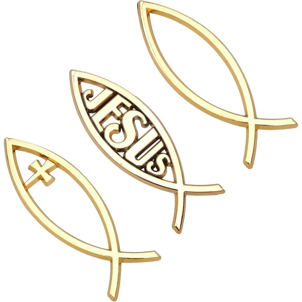 3 Styles Gold Stickers Christ Fish and Cross Self-Adhesive Metal Optic Decal Badge Emblem for Laptops Luggage Refrigerator