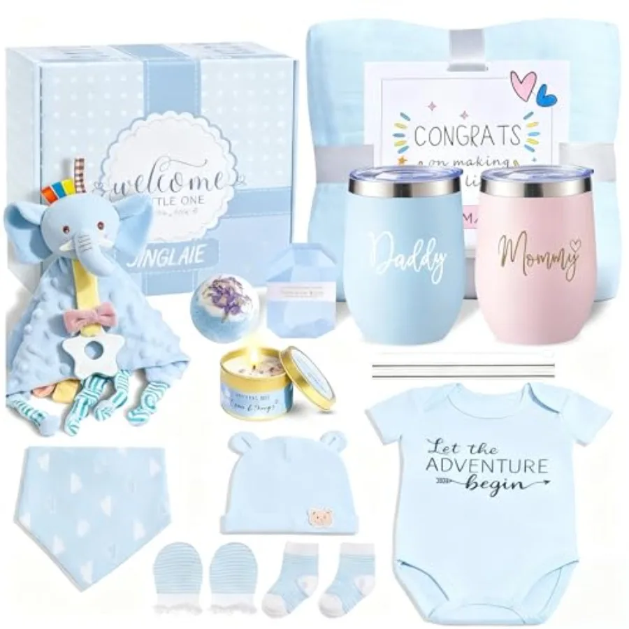 Canasta de Regalo para Nuevas Mamás, Paquete de Cuidado para Mamás Primerizas, Regalos para Parejas con Ropa de Bebé y Vasos, Regalos de Embarazo