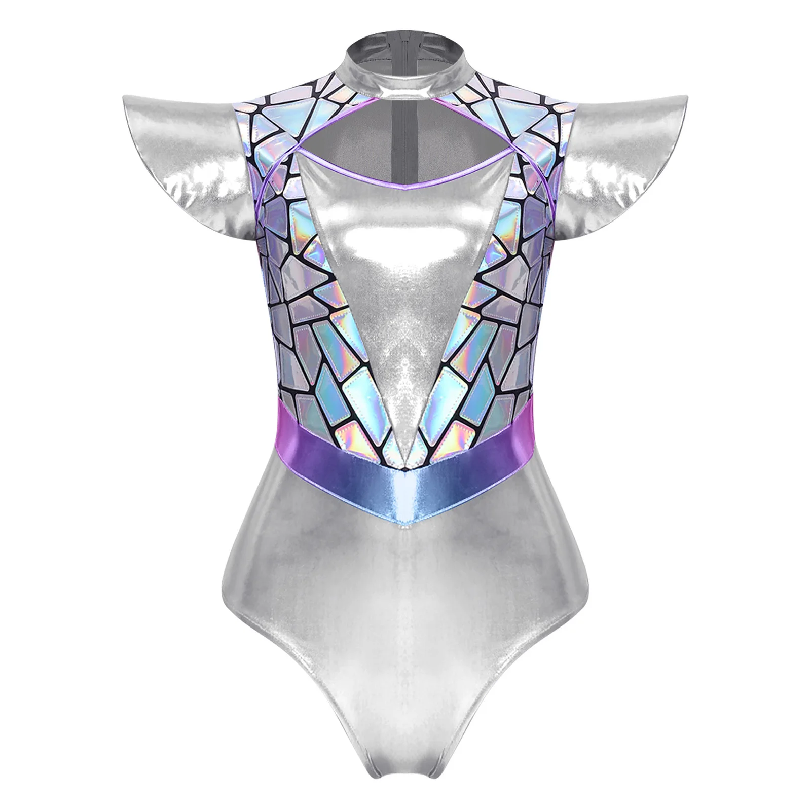 Womens Alien Robot Cosplay Leotard Metallic Shiny Bodysuit for Masquerade Ball Space Alien Theme Party Carnival Stage Dress Up