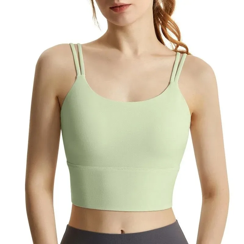 Women Double Thin Strap Built-in Padded Sports Bra Shockproof Lift Yoga  Top