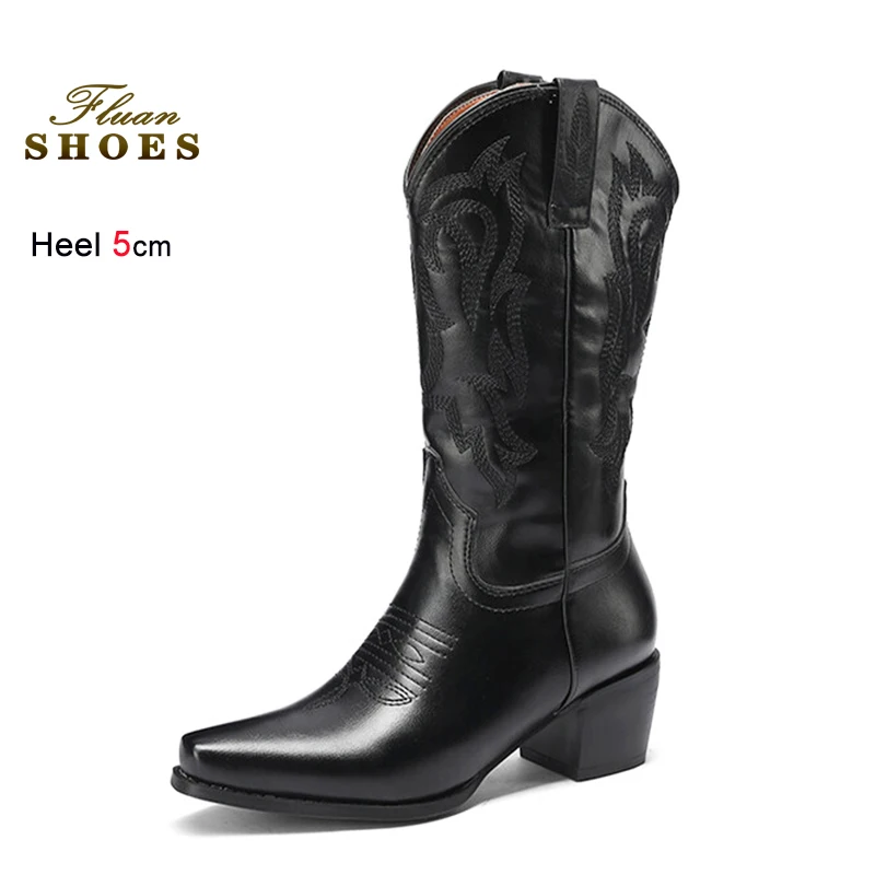 

Black Mid-calf Boots 5cm Pointy Knight Boots Western Cowboy PU Leather Men/Woman Fashion Embroidery High Heeled Shoes Size 35-43