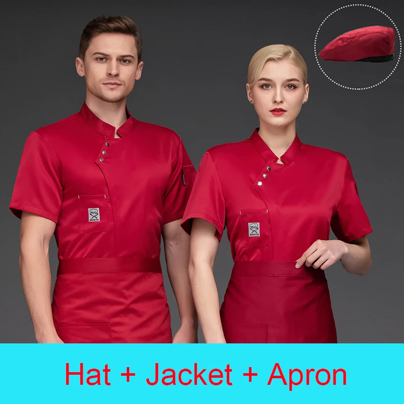 Uniforme de Chef d'été pour homme, veste de Chef de Restaurant, manteau de cuisine d'hôtel, chapeau de boulangerie pour femme, demi-tablier de serveur de café