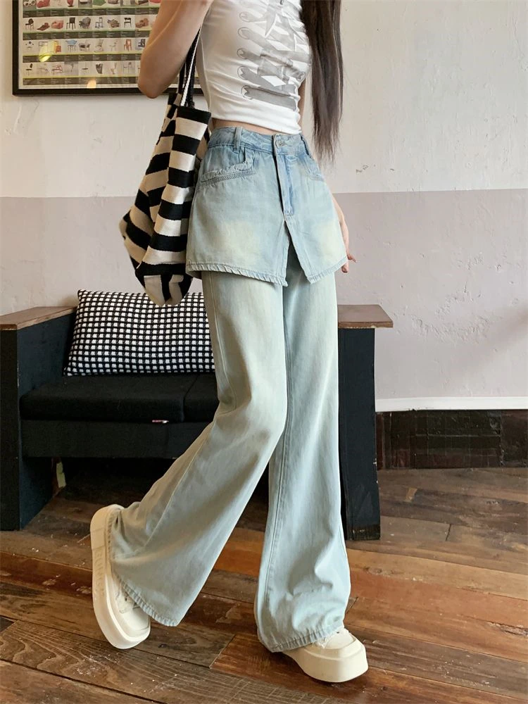 Women's Fake Two-piece Design Spliced Micro Flared Jeans Street Cool Girl Bottoms Wide Legs Pants Female Baggy Denim Trousers