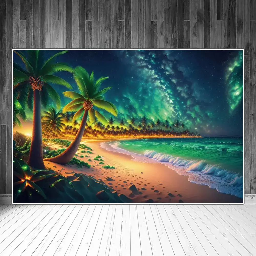 

Lighting Palm Trees Beach Photography Backdrops Tropical Scene Nebula Green Seaside Summer Holiday Decoration Photo Backgrounds